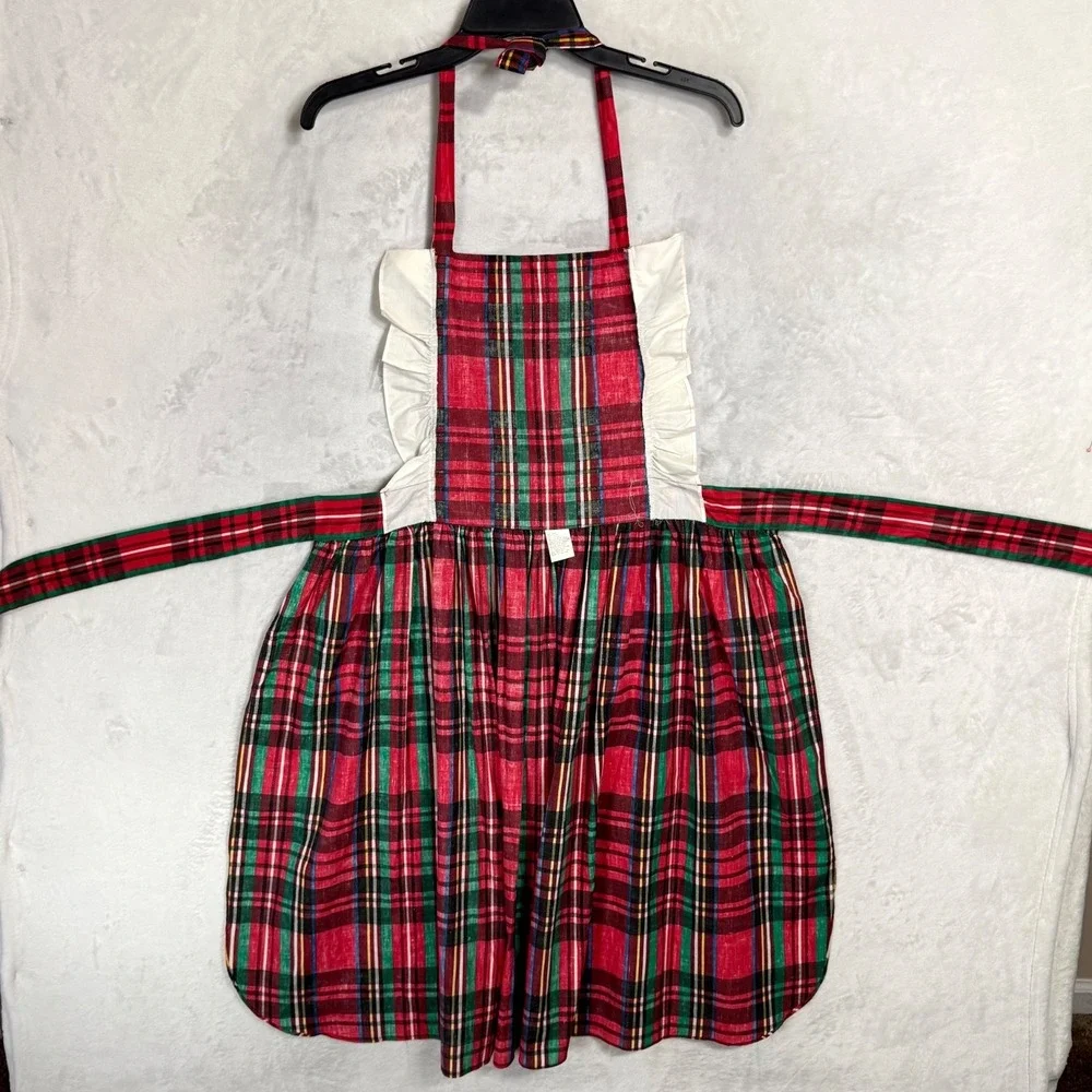Vintage 70s Plaid‎ Pinafore Apron Dress Ruffle Bib Tie Back Lady One Size USA